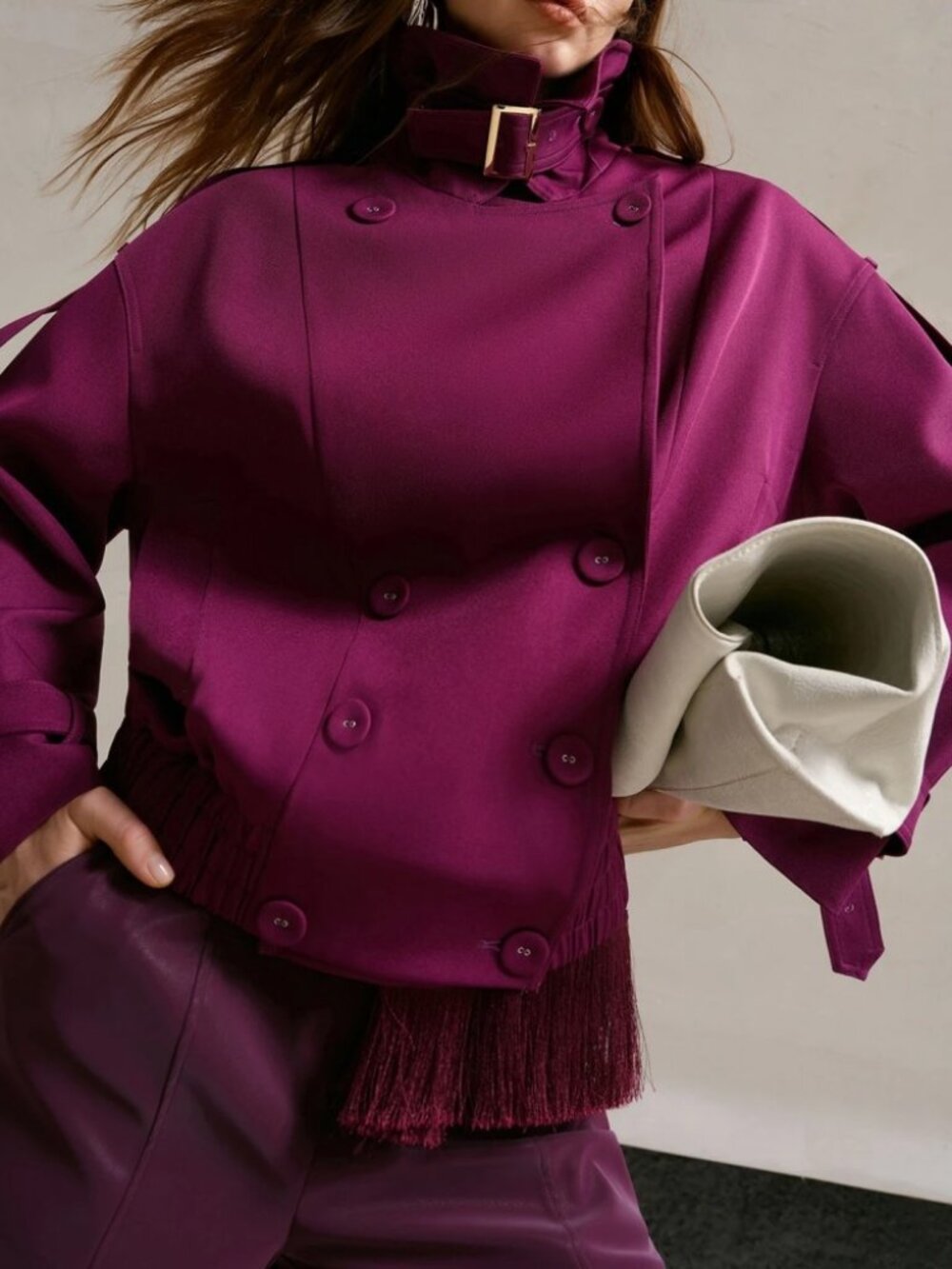 Magenta Hot Pink Double-Breasted Cropped Trench Coat Jacket